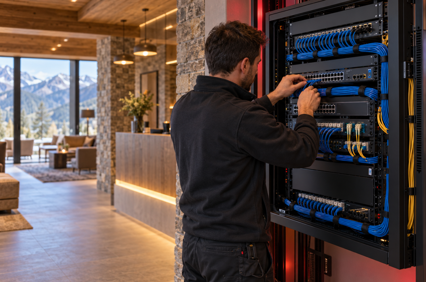 Il·lustració d’un tècnic treballant en un rack de telecomunicacions en un hotel.